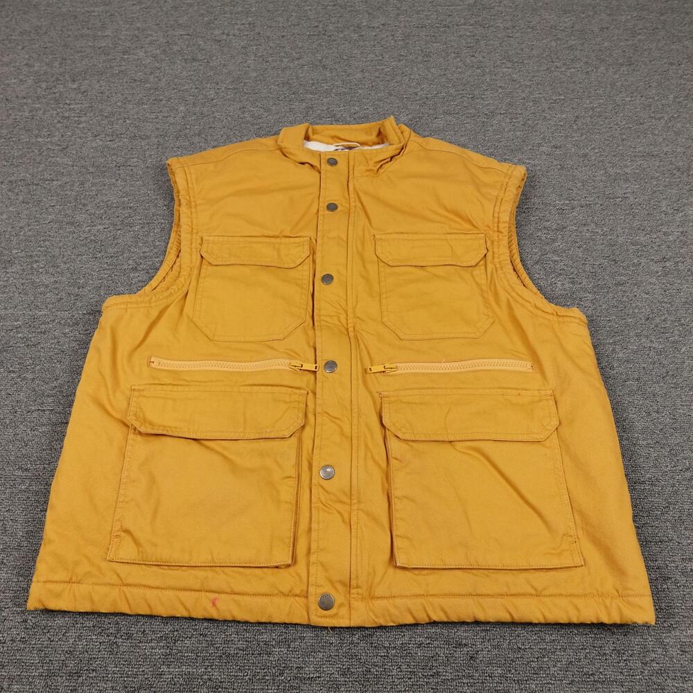 Woolrich Vest Mens Medium Yellow Canvas Quilted Bird Print Lined Pockets Hunting